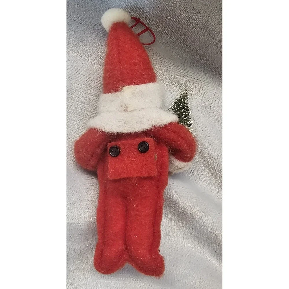 Vtg Porcelain Face Baby Christmas Ornament Pink Fuzzy Santa Outfit brn Tag